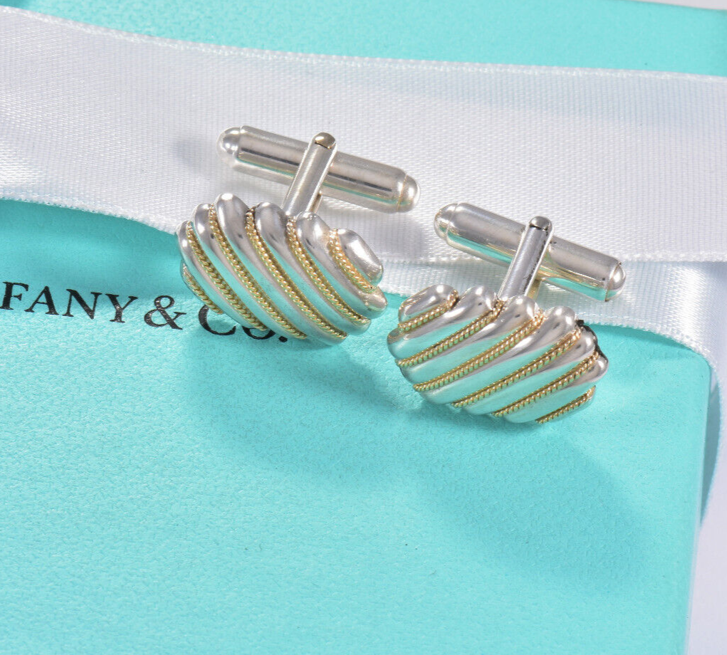 Tiffany & Co 18k Gold Silver Rope Rectangle Cufflinks in Pouch Mens Suit Square