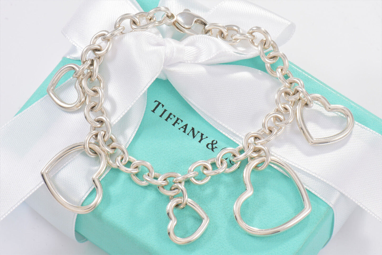 Tiffany & Co Silver Five Open Heart Multi Charm 7.5" Chain Bracelet Dangle 5