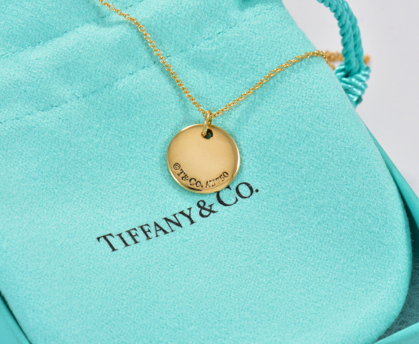 Tiffany & Co 18K Yellow Gold Circle Notes Letter C Disc Pendant 18" Necklace Box