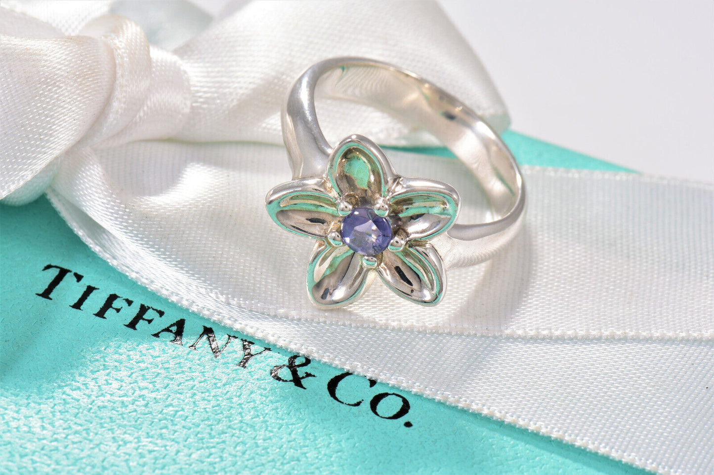 Tiffany & Co Silver Purple Iolite Gem Bead Daisy Flower Lily Blossom Ring Size 8