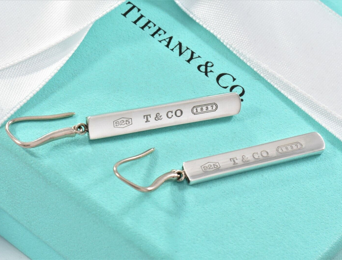 Tiffany & Co Sterling Silver 1837 Bar Dangling Hook Earrings & Pouch Dangle Rare