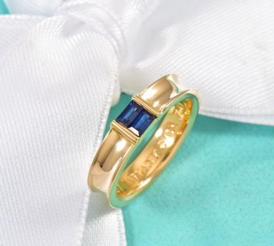 Tiffany & Co 18k Yellow Gold Blue Sapphire Baguette Wide Stack Ring & Pouch Rare