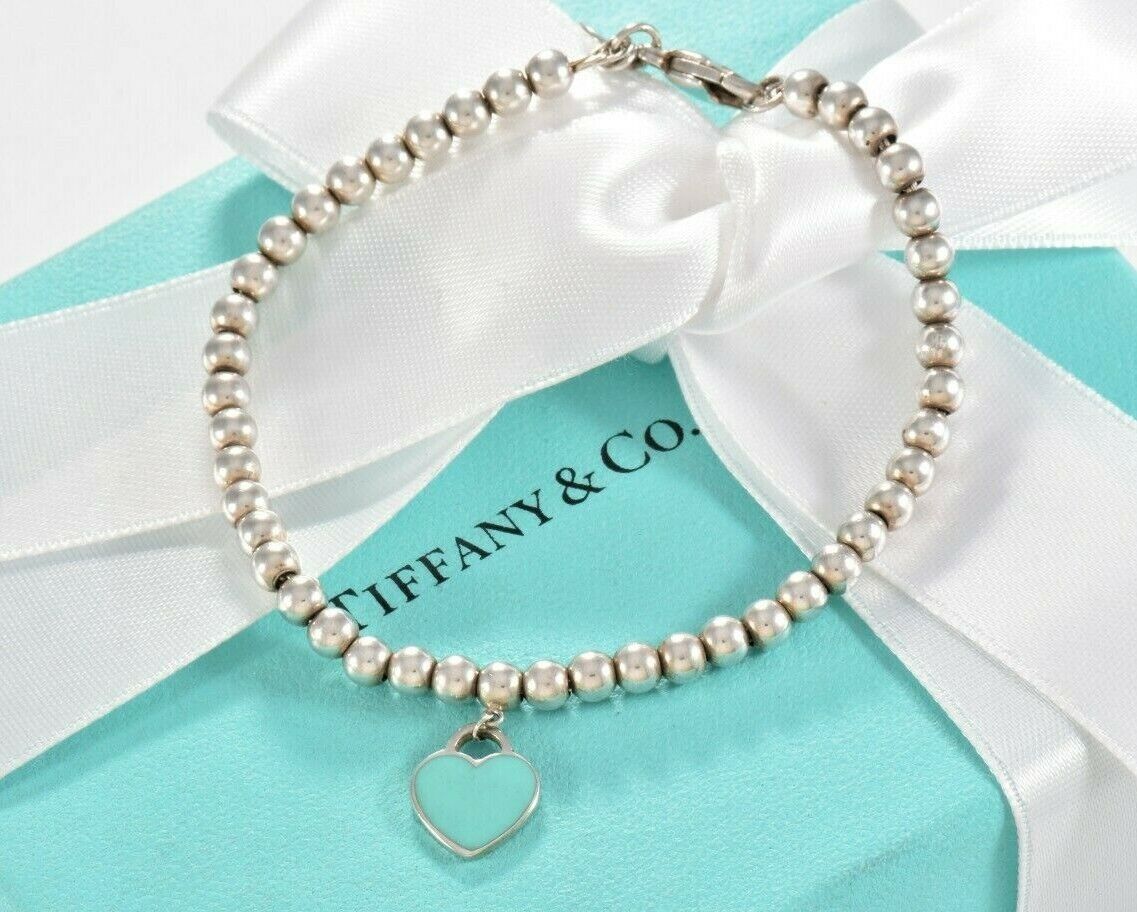 Please Return Tiffany & Co Silver Blue Enamel Heart Charm Bracelet 6.75" & Pouch