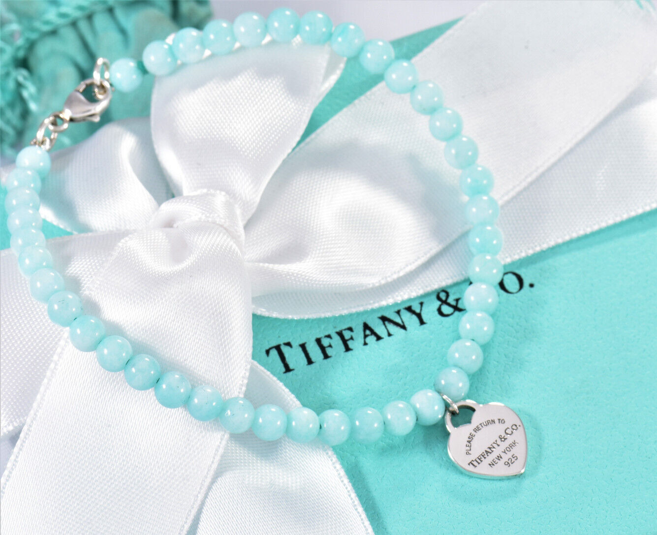 Please Return To Tiffany & Co Silver Heart Charm Amazonite Bead Bracelet 7.25"