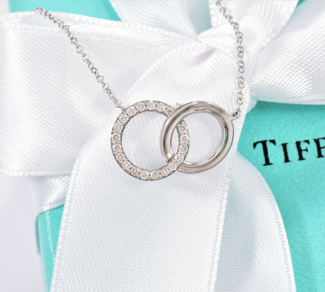 Tiffany & Co Diamond 18k White Gold Interlocking Circles Rings Pendant Necklace