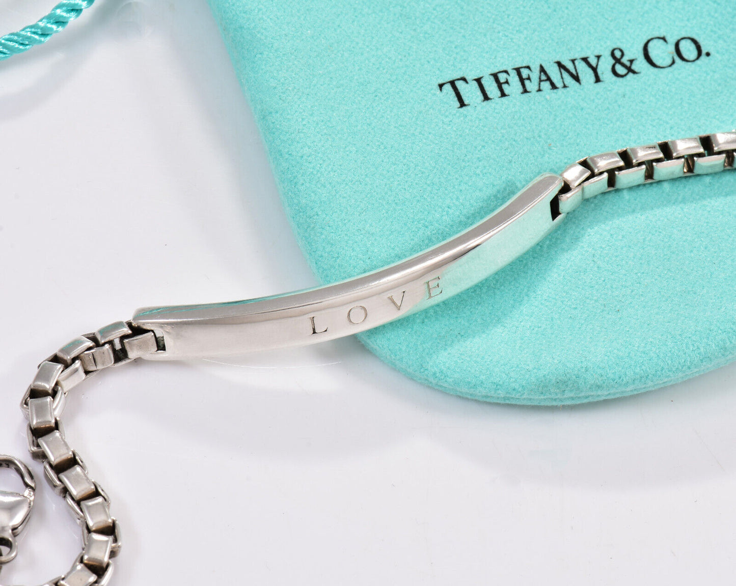 Tiffany & Co Silver LOVE Engraved Venetian Box Link ID Bar Bracelet 6.75" Pouch