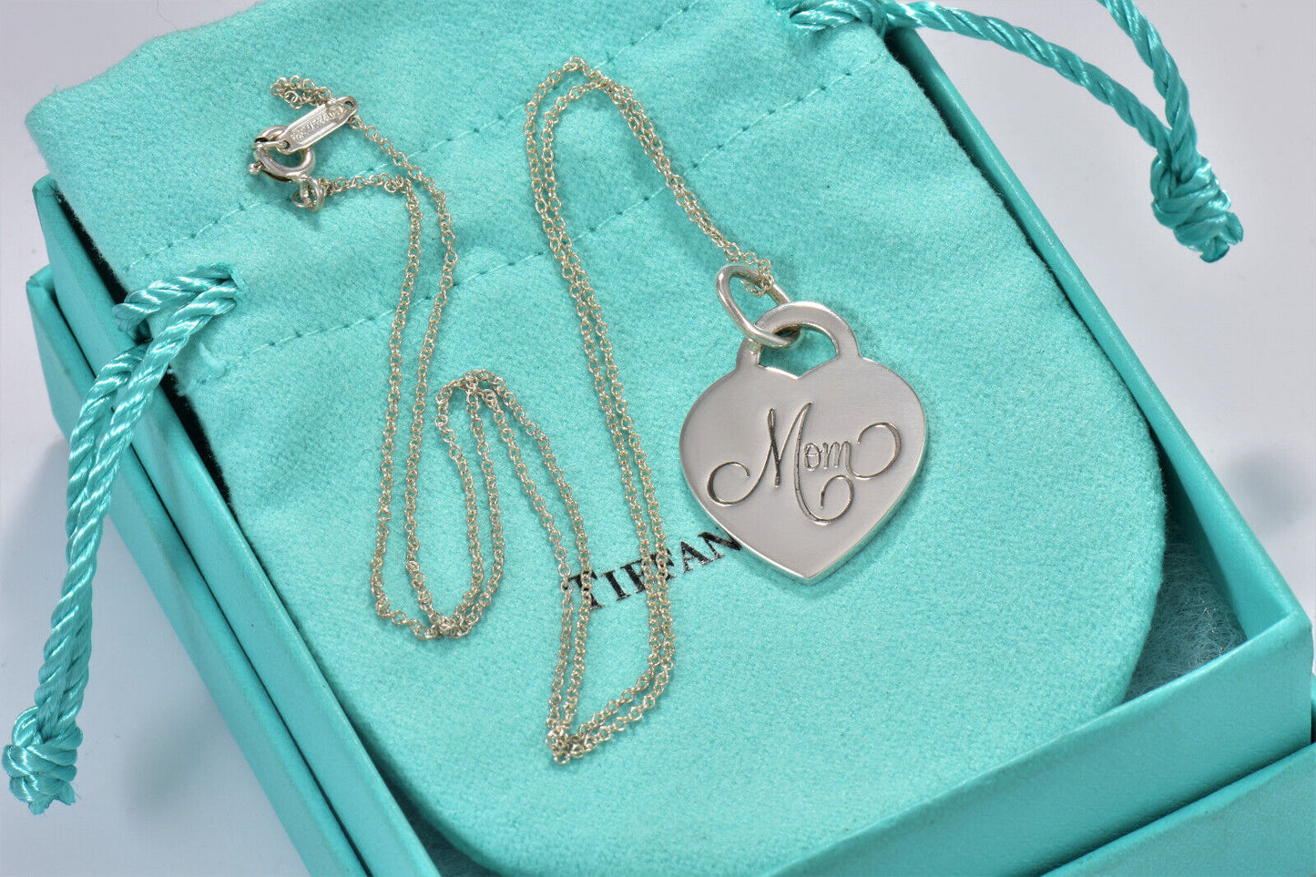 Tiffany & Co Silver Mom Heart Tag Pendant 20" Necklace in Box Pouch Lovely Gift