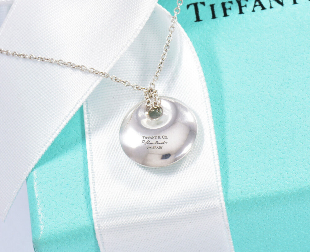 Tiffany & Co Silver Elsa Peretti Small Round Disk Circle Pendant Necklace Pouch