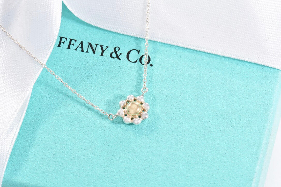 Tiffany & Co Gold Silver Jolie Bead Flower Pendant 16.75" Necklace in Pouch Rare