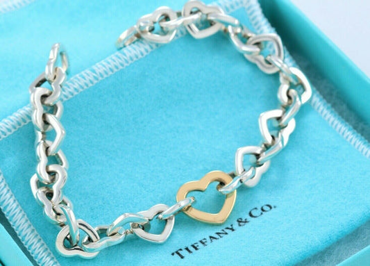 Vintage Tiffany & Co 18K Yellow Gold Silver Heart Link Chain Bracelet Pouch Rare