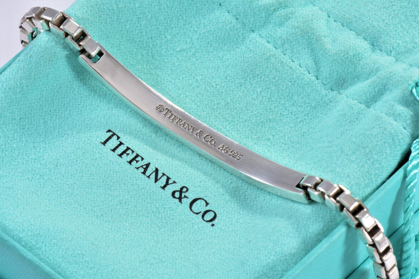 Tiffany & Co Sterling Silver Venetian Box Link ID Bar Bracelet 7.95" Mens Pouch