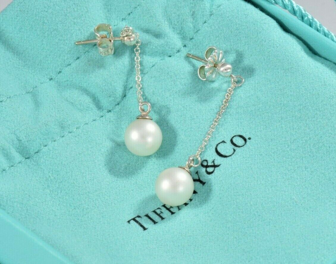 Tiffany & Co Sterling Silver Bead Pearl Drop Earrings in Box Pouch Dangle Rare