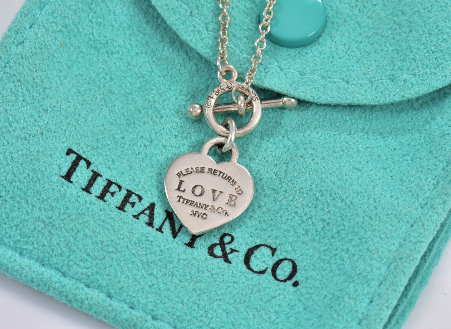 Return To Tiffany & Co Silver Blue Enamel Heart Charm Toggle 6.25" Bracelet Rare