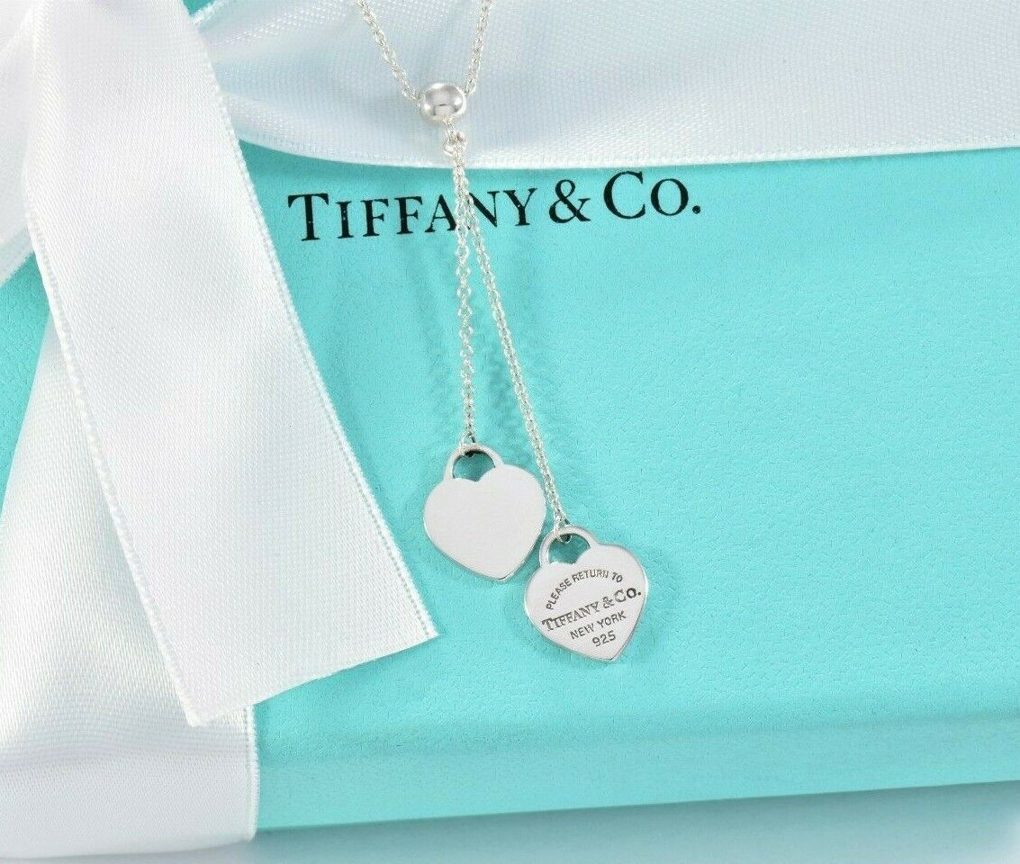 Please Return To Tiffany & Co Silver Double Heart Bead Dangle Pendant Necklace