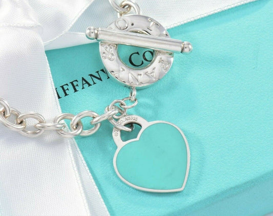 Please Return To Tiffany & Co Silver Blue Enamel Heart Toggle Chain Bracelet