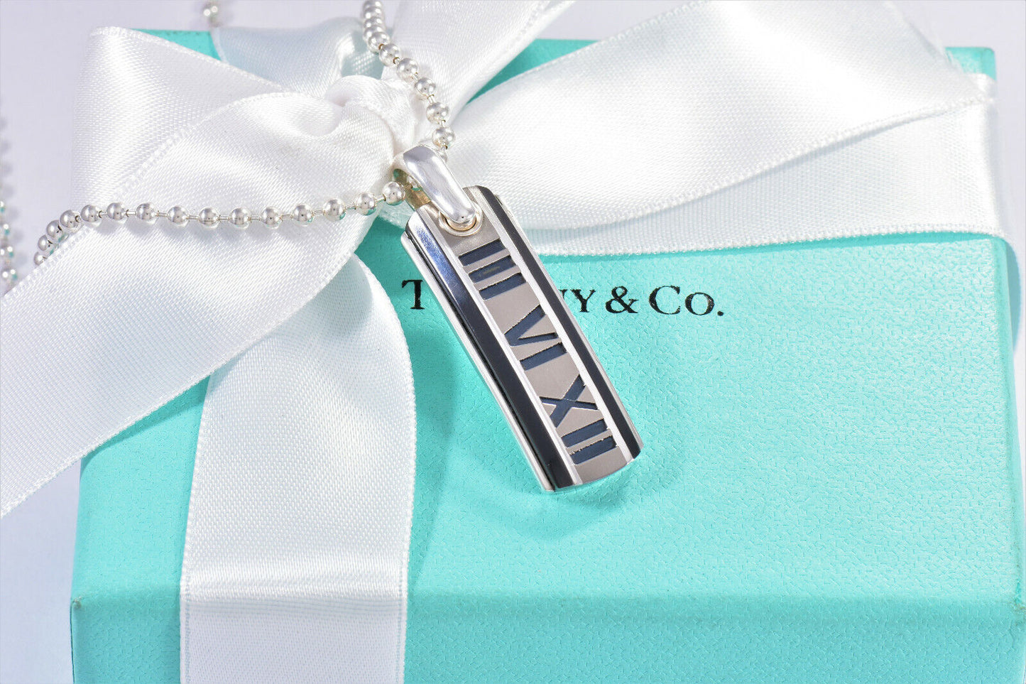 Tiffany & Co Titanium Silver Atlas Bar Dog Tag Bead Chain Necklace in Pouch Rare