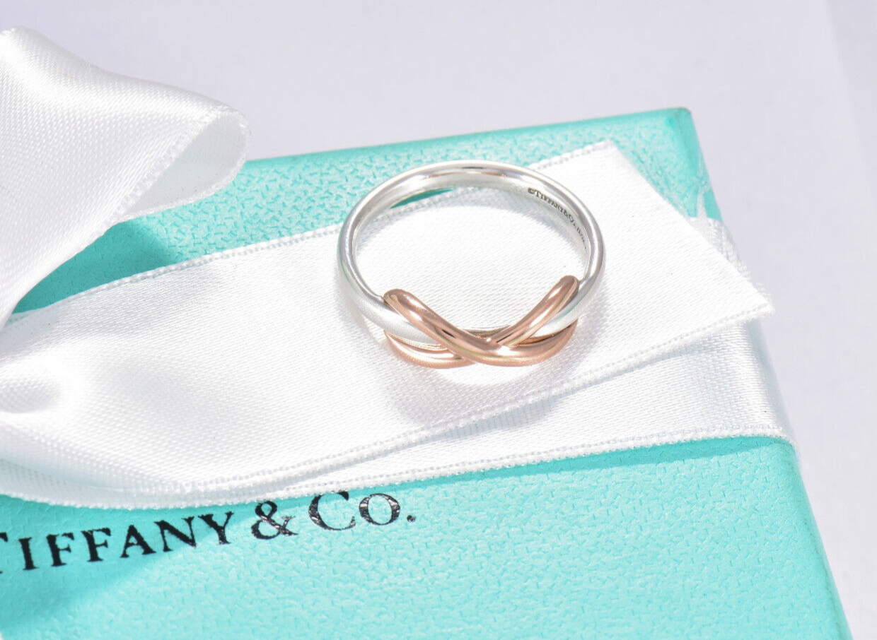 Tiffany & Co 18k Rose Gold Silver Infinity Knot Ring Size 6 in Box Narrow Band