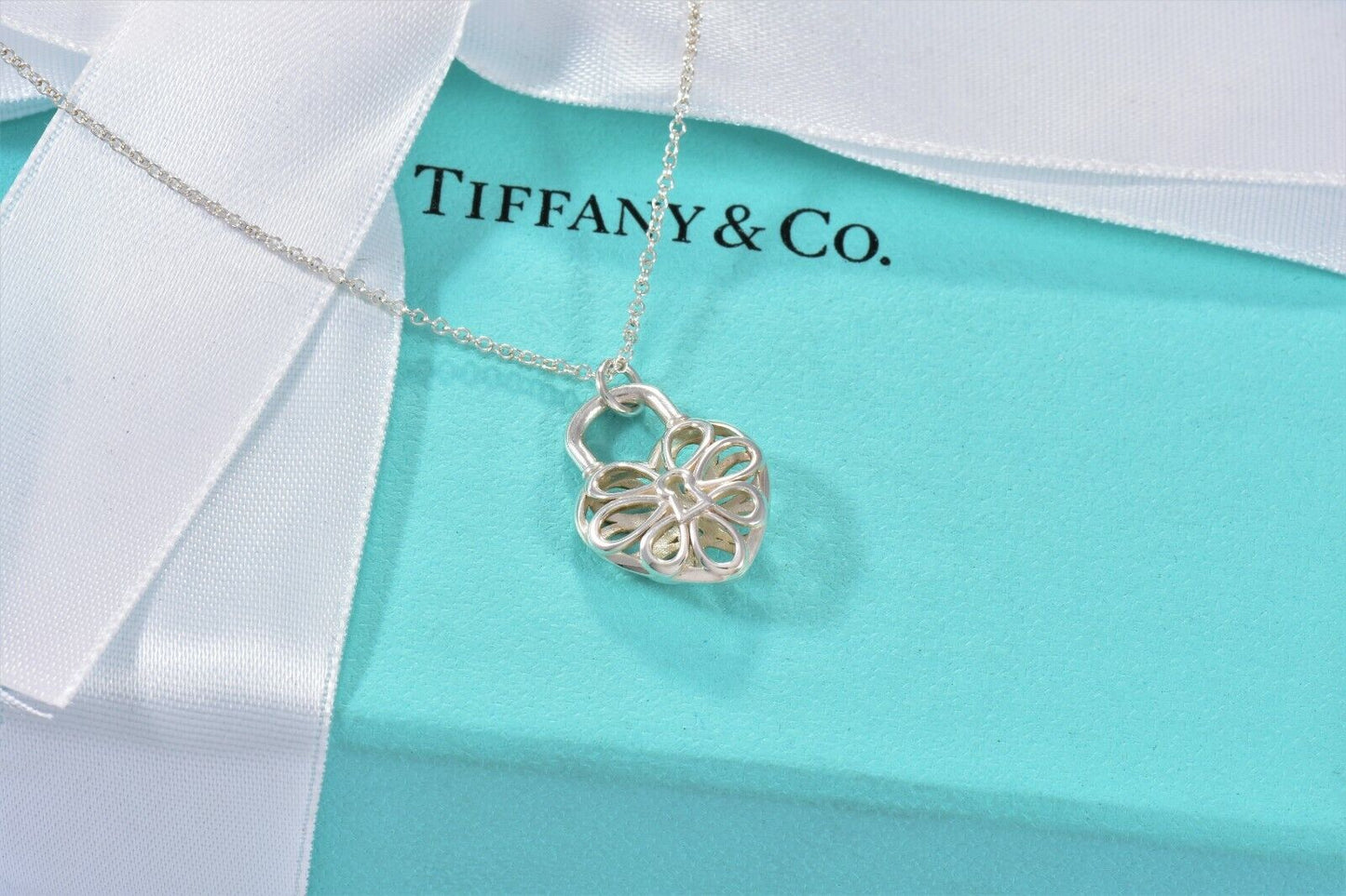 Tiffany & Co Sterling Silver Filigree Heart Lock Pendant Necklace in Pouch