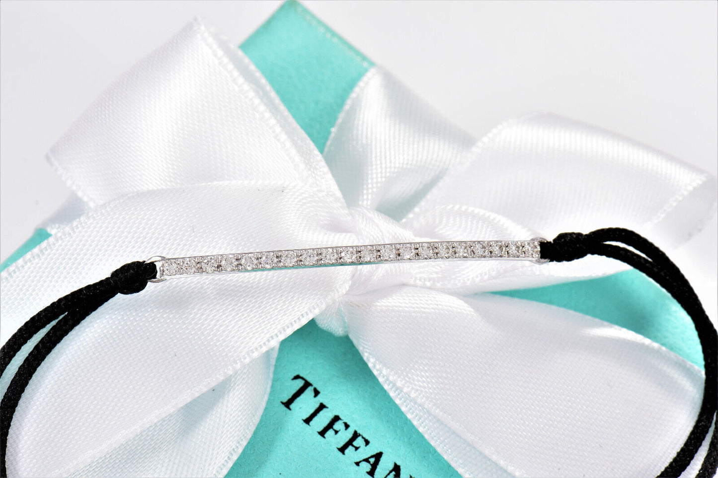 Tiffany & Co Diamond 18k White Gold Metro Bar Silk Cord 6” - 7.7” Bracelet Rare