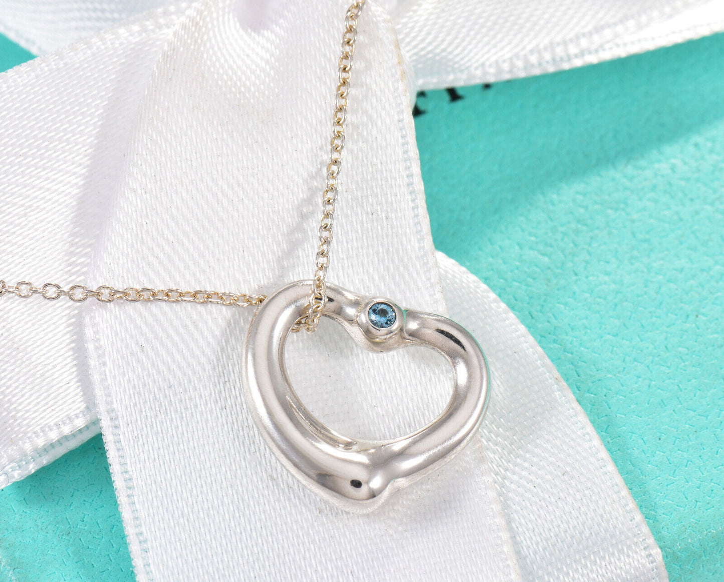 Tiffany & Co  Aquamarine Silver Elsa Peretti Open Heart 16" Necklace in Box Rare