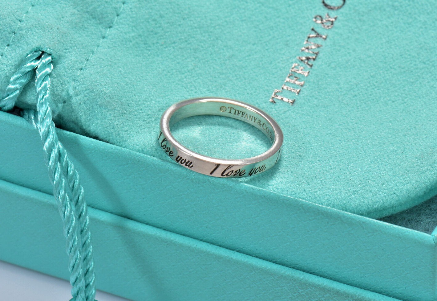 Tiffany & Co Sterling Silver I Love You Notes Narrow Band Ring Size 5.5 in Pouch