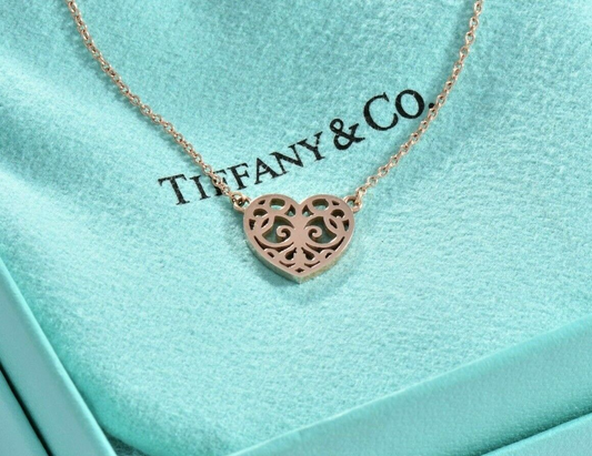 Tiffany & Co Rubedo Gold Metal Enchant Scroll Small Heart 16" Necklace Box Pouch