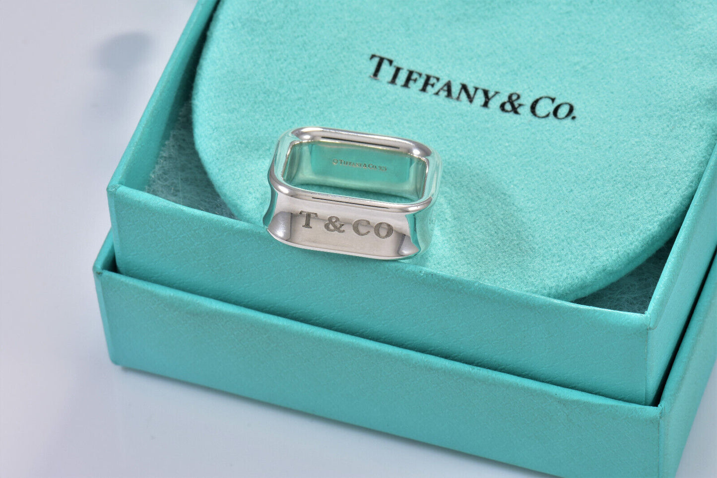 Tiffany & Co 1837 Sterling Silver Square Wide Band Ring Size 7 in Pouch Rare