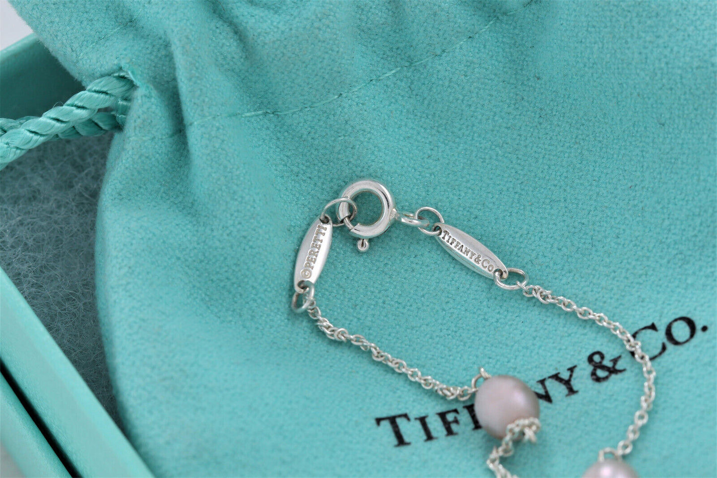 Tiffany & Co Silver Elsa Peretti Open Heart Pink Pearl By Yard Bracelet 7.5"