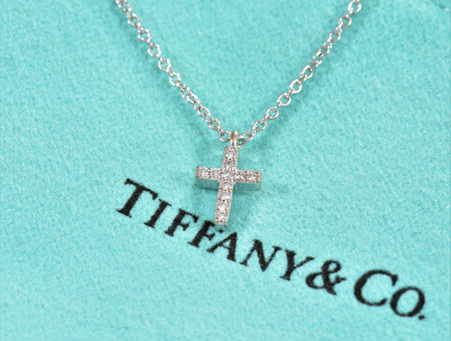 Tiffany & Co Diamond 18K White Gold Mini Metro Cross Pendant 17" Necklace Boxed