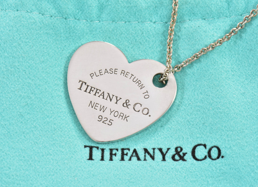 Please Return To Tiffany Silver Slanted Heart Tag Pendant Necklace in Pouch Rare