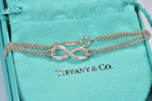 Tiffany & Co Sterling Silver Double Chain Infinity Bracelet 7.15" Boxed Lovely