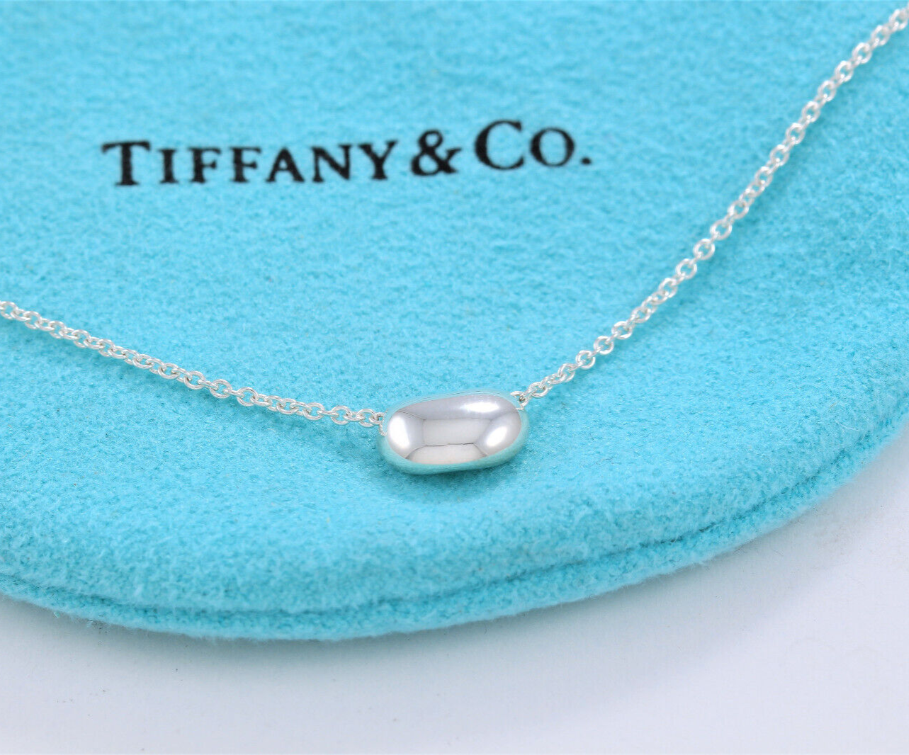 Boxed Tiffany & Co Silver Elsa Peretti 9mm Bean Pendant 17.5" Necklace Box Pouch