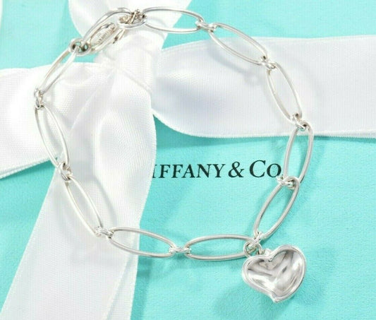 Tiffany & Co Elsa Peretti Silver Carved Heart Oval Linked Chain 7.25" Bracelet