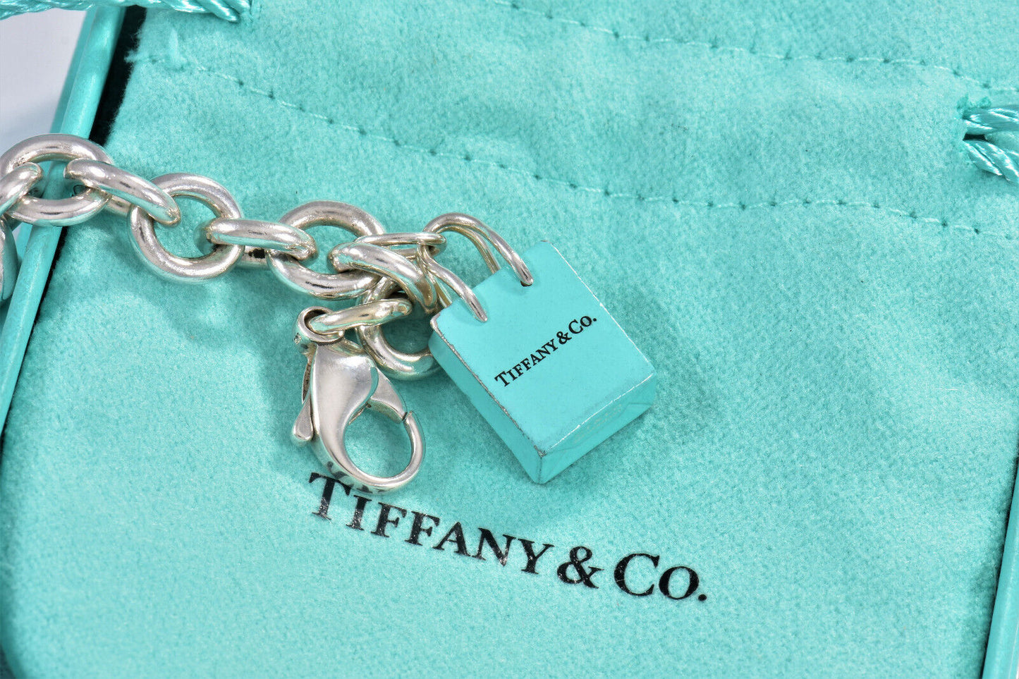 Tiffany & Co Silver Blue Enamel Shopping Bag Charm 7.75" Chain Link Bracelet