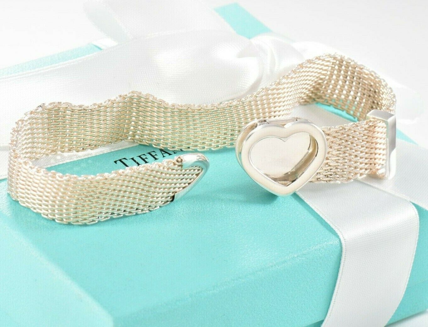 Tiffany & Co Silver Somerset Heart Mesh Belt Buckle 8.5" Bracelet & Pouch Rare