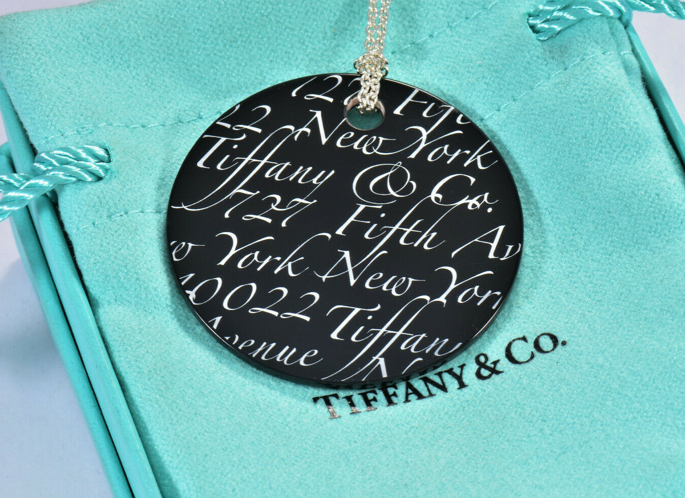 Tiffany & Co Silver Black Onyx NY Address Notes Round Circle Pendant Necklace