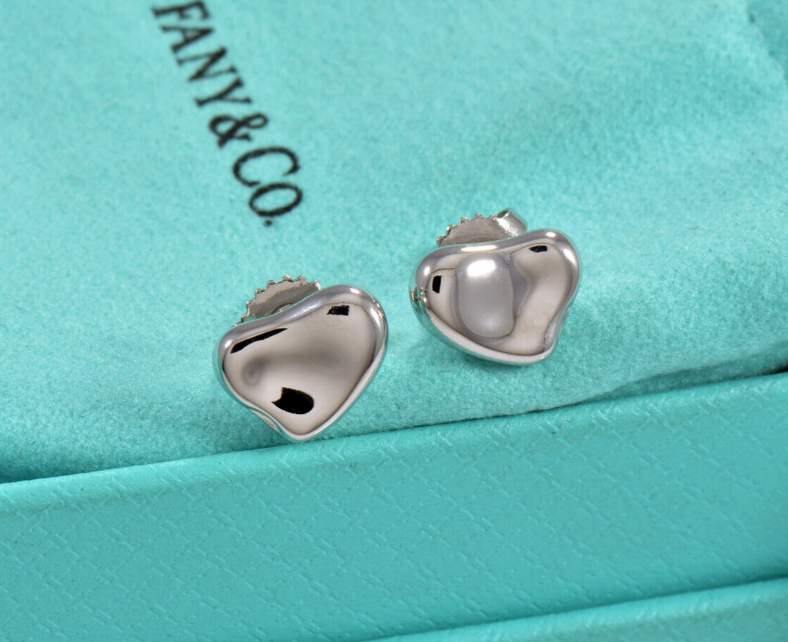 Tiffany & Co Platinum Elsa Peretti Full Heart Stud Earrings in Box Pouch Rare