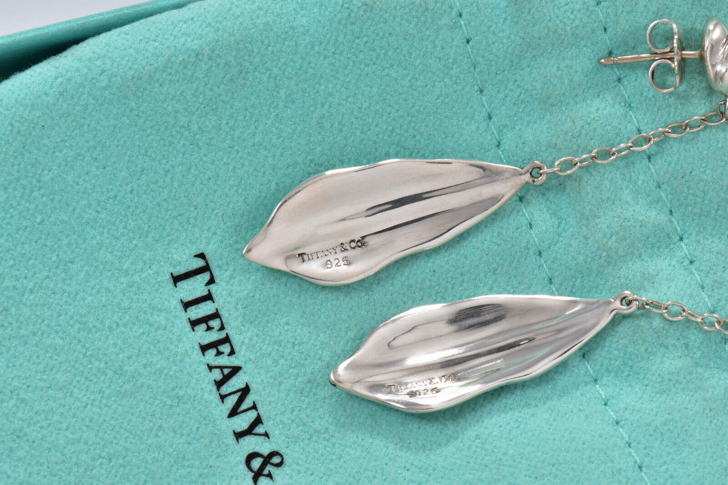 Vintage Tiffany & Co Silver Nature Leaf Dangle Drop Earrings Pouch Rare Dangling