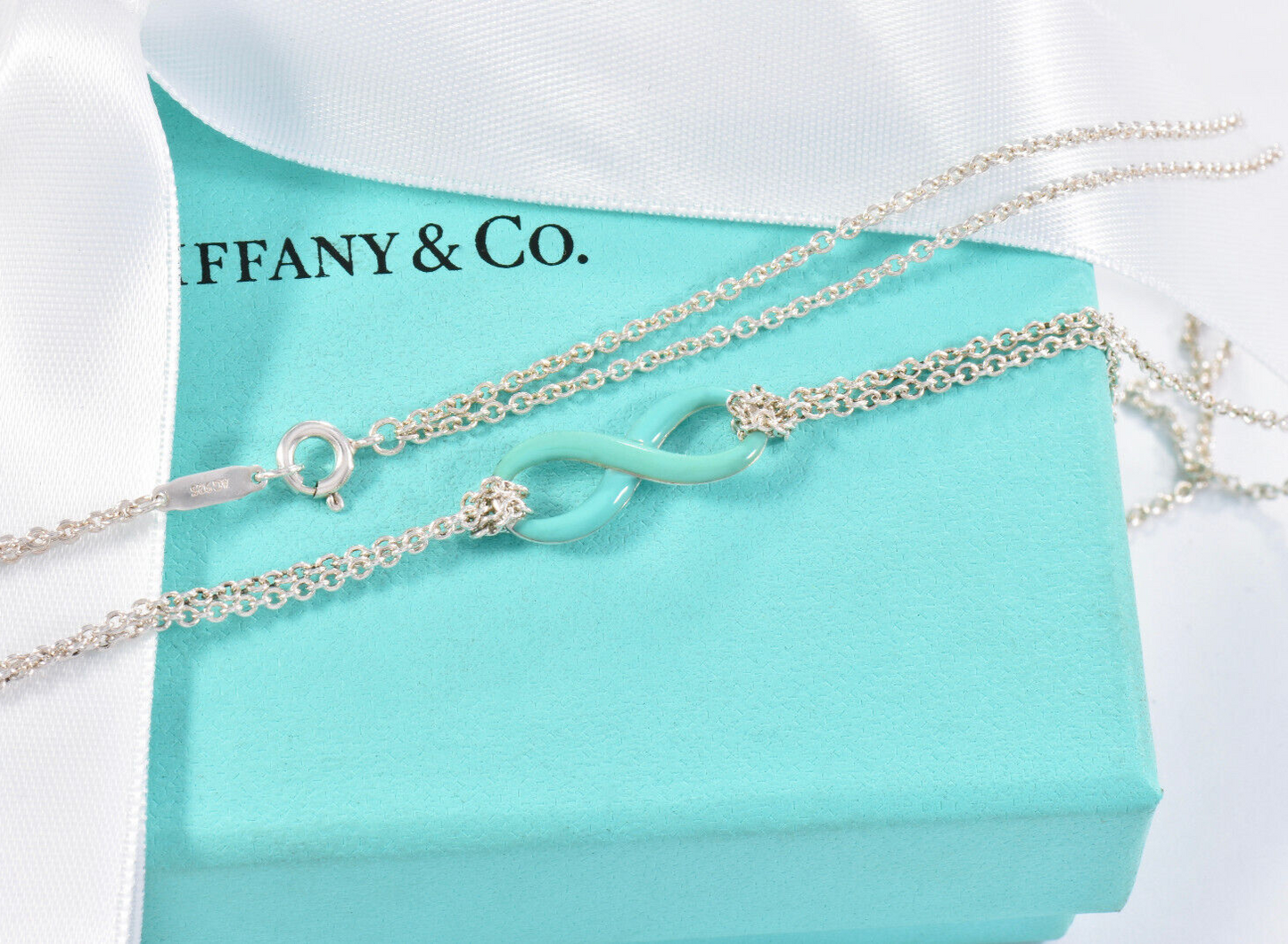 Tiffany & Co Silver Blue Enamel Infinity Pendant 18" Double Chain Necklace Boxed