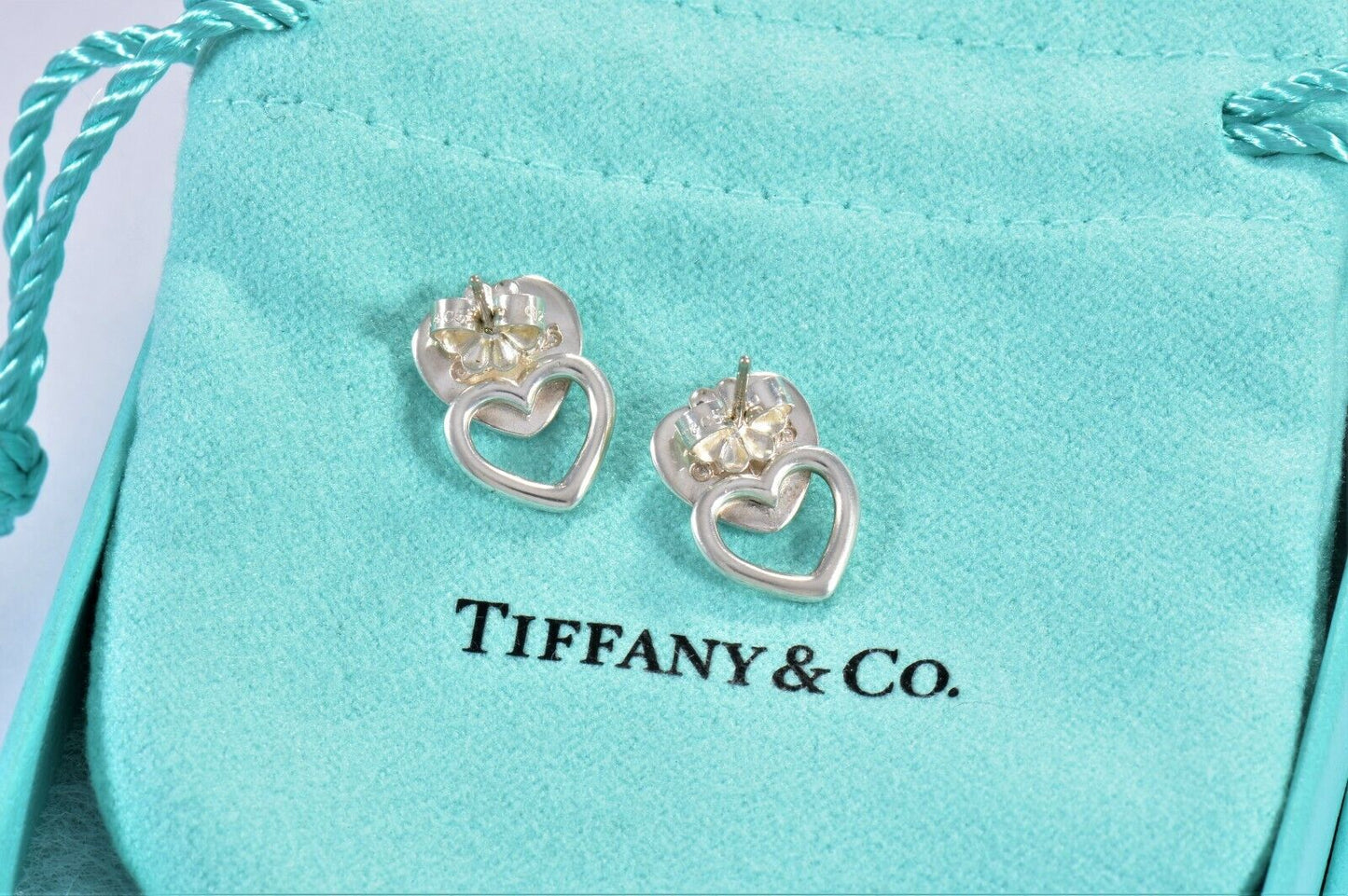 Tiffany & Co Silver Double Heart Stencil Puff Earrings and Pouch Lovely Stud