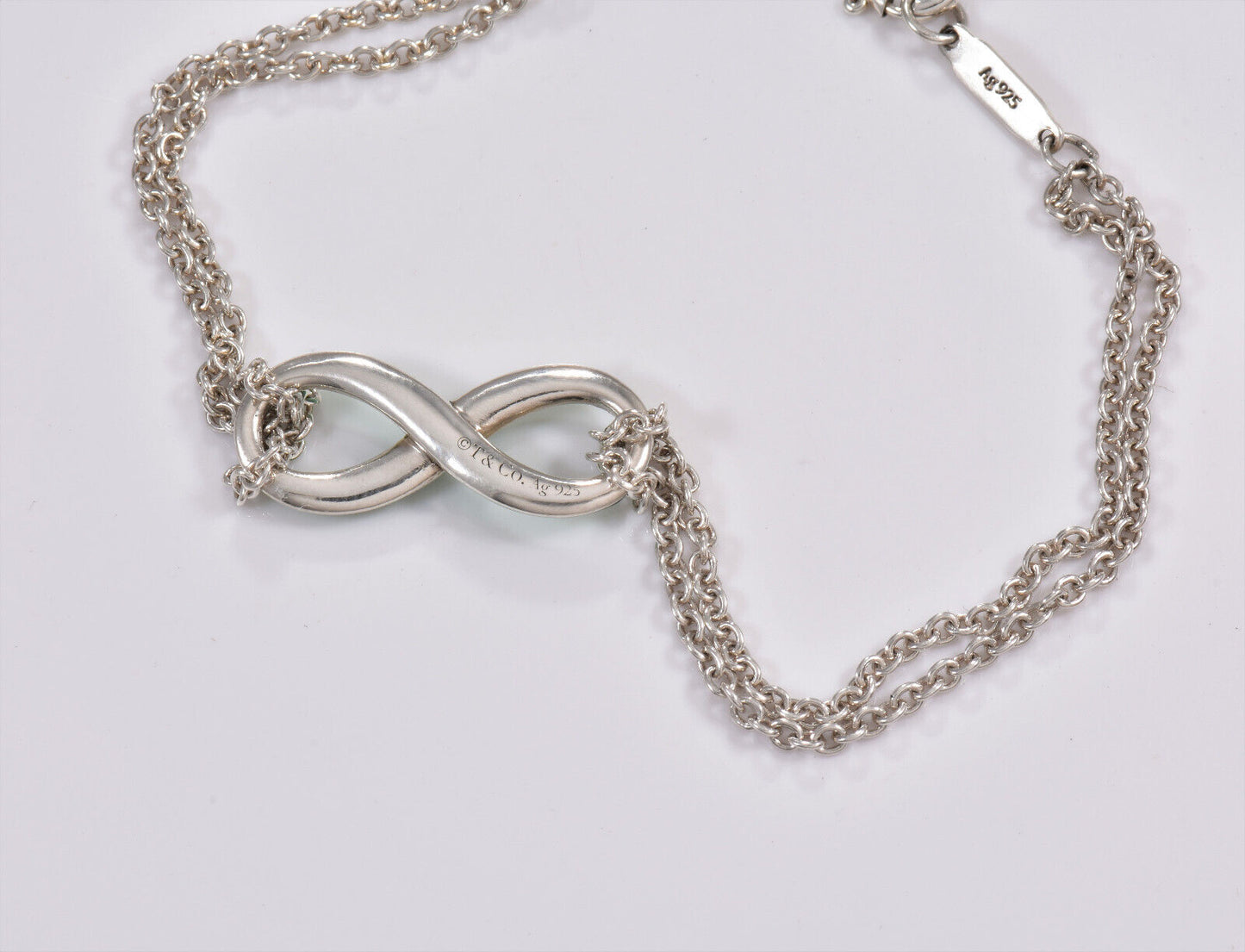 Tiffany & Co Silver Blue Enamel Infinity 7" Double Chain Charm Bracelet Rare