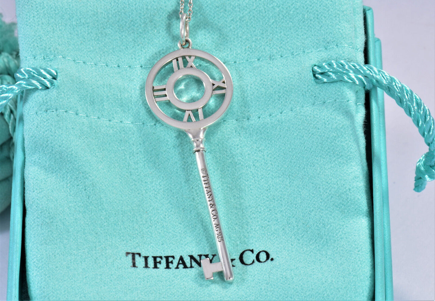 Tiffany & Co Silver 2.25" Atlas Charm Key Pendant 16.25" Necklace Boxed Numeral