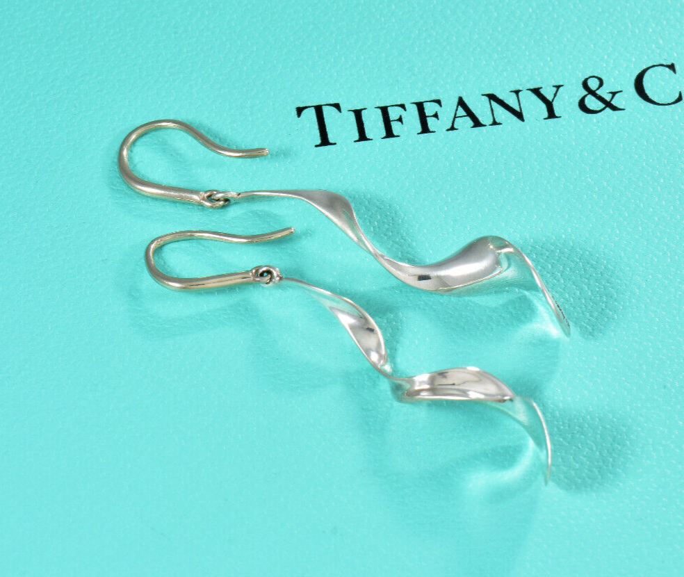 Tiffany & Co Sterling Silver Gehry Orchid Hook Drop Earrings & Pouch Rare Dangle