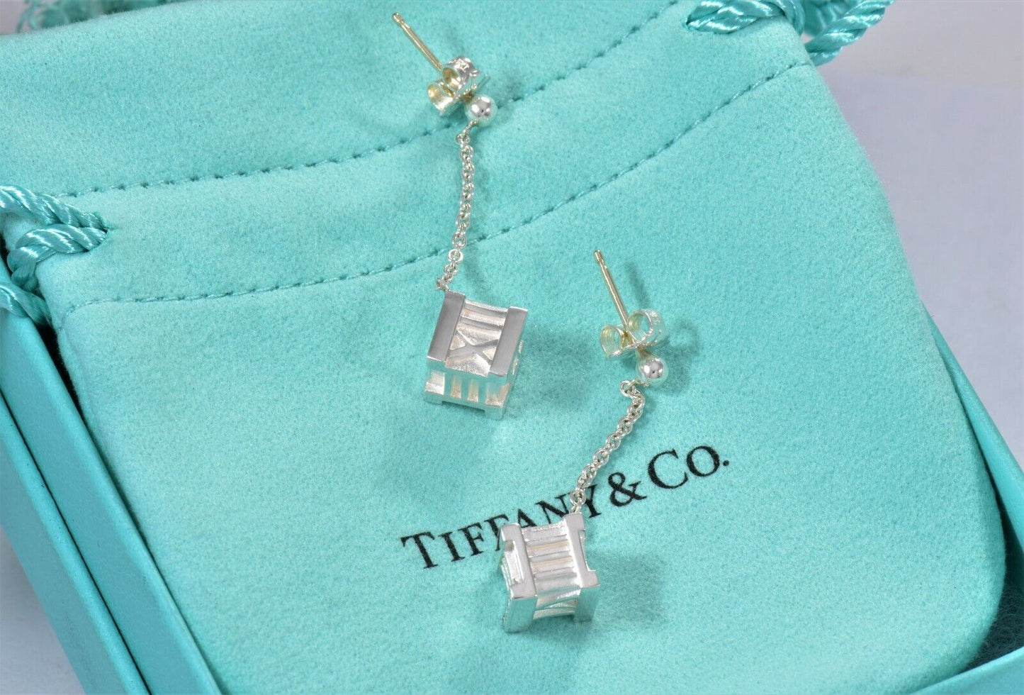 Tiffany & Co Sterling Silver Atlas Square Cube Dangling Earrings and Pouch Rare