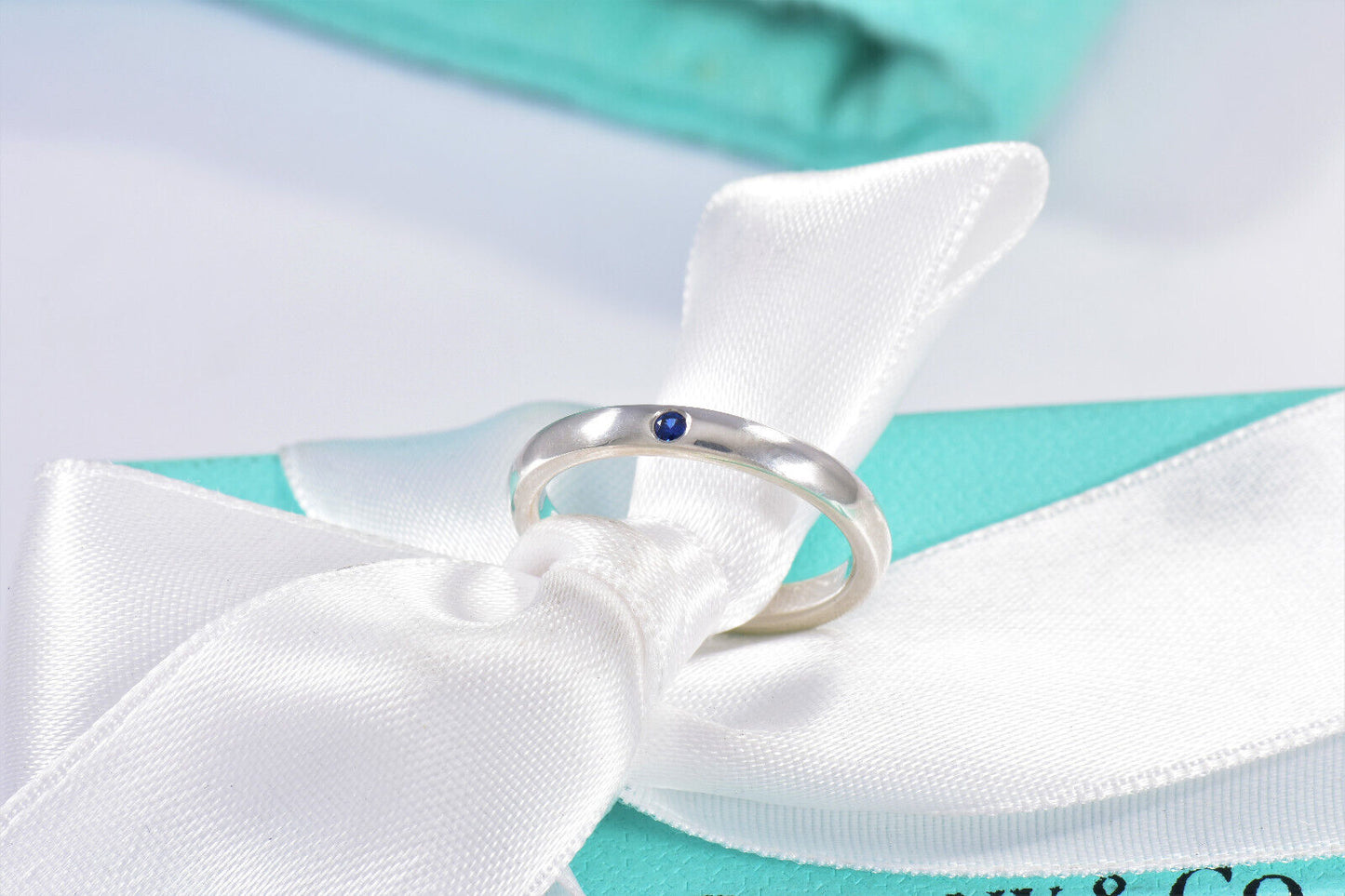 Tiffany & Co Silver Elsa Peretti Blue Sapphire Stack Ring Size 6.5 in Pouch Rare