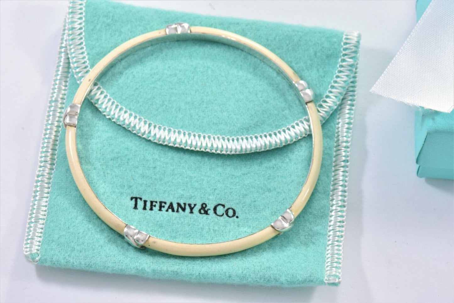 Tiffany & Co Italy Silver Signature X White Enamel Bangle Large Bracelet & Pouch