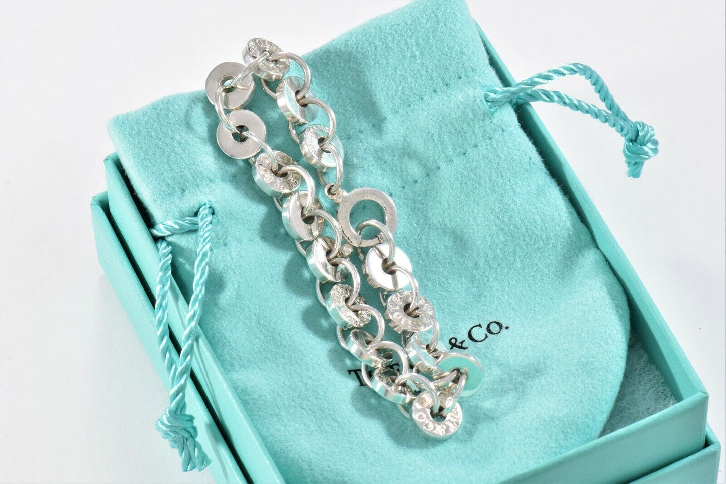 Tiffany & Co Italy Sterling Silver 1837 Disk Link Chain 7.7" Bracelet in Pouch