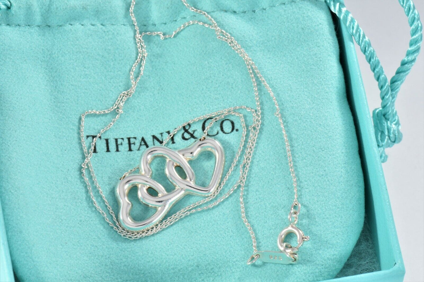 Vintage Tiffany & Co Silver Three Heart Pendant 18" Fringe Necklace Pouch Rare