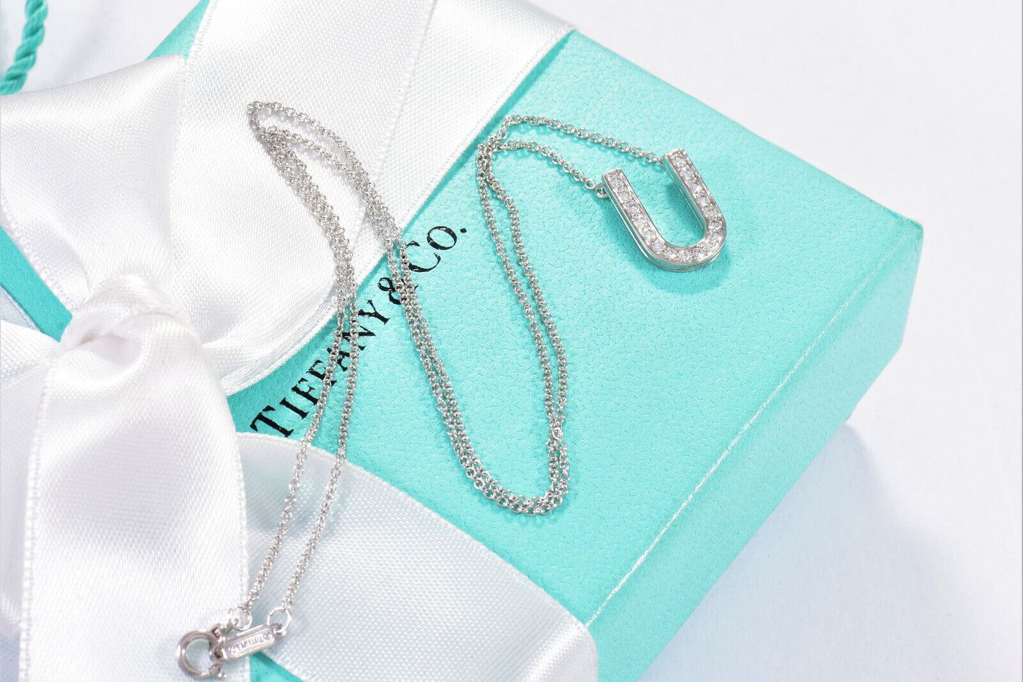 Tiffany & Co Platinum Diamond Large Letter U Pendant 16.5" Necklace In Box Pouch