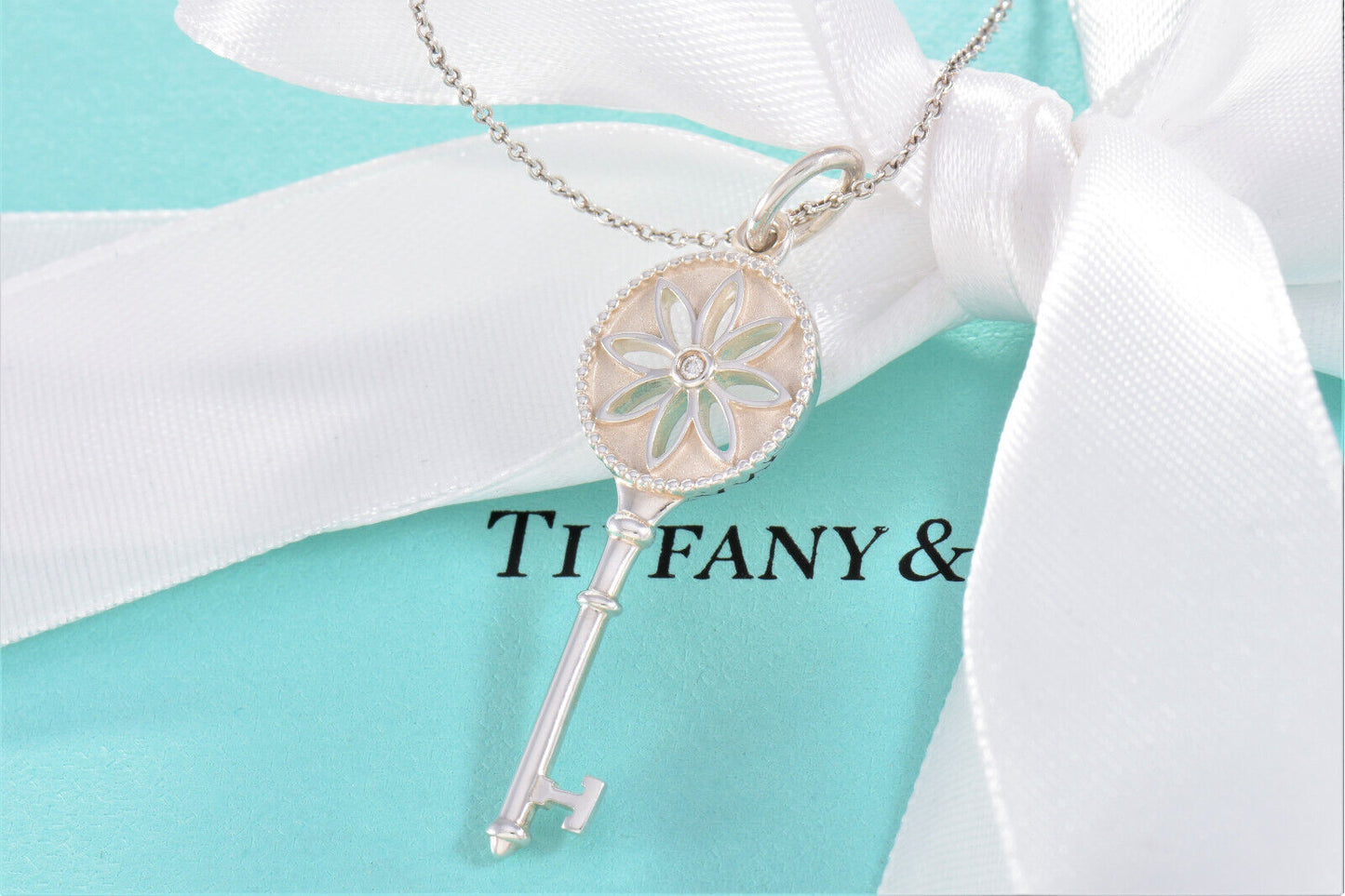 Tiffany & Co Silver Diamond Daisy Flower 1.5" Key Pendant 18" Necklace in Box